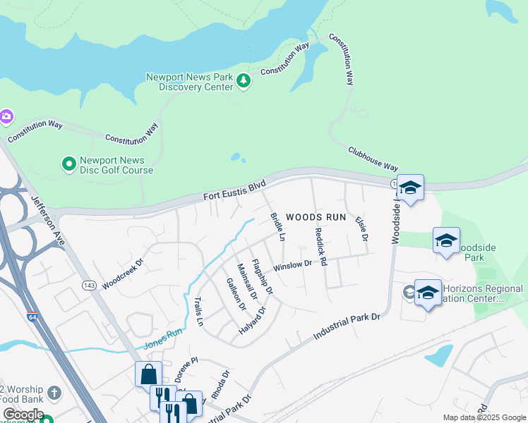 map of restaurants, bars, coffee shops, grocery stores, and more near 110 Tack Court in Newport News