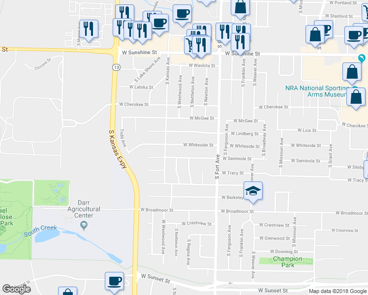 map of restaurants, bars, coffee shops, grocery stores, and more near 1504 West Whiteside Street in Springfield