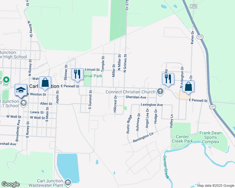 map of restaurants, bars, coffee shops, grocery stores, and more near 701 Sheridan St in Carl Junction