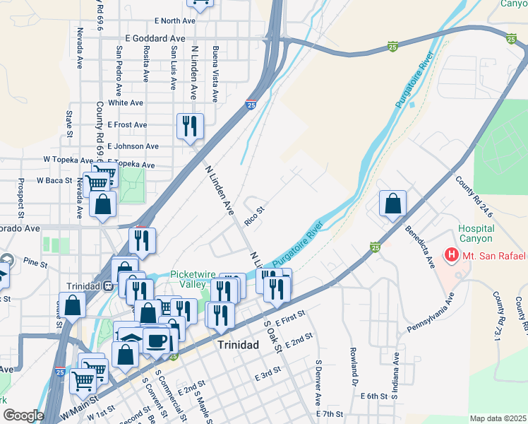map of restaurants, bars, coffee shops, grocery stores, and more near 1010 Rico Street in Trinidad