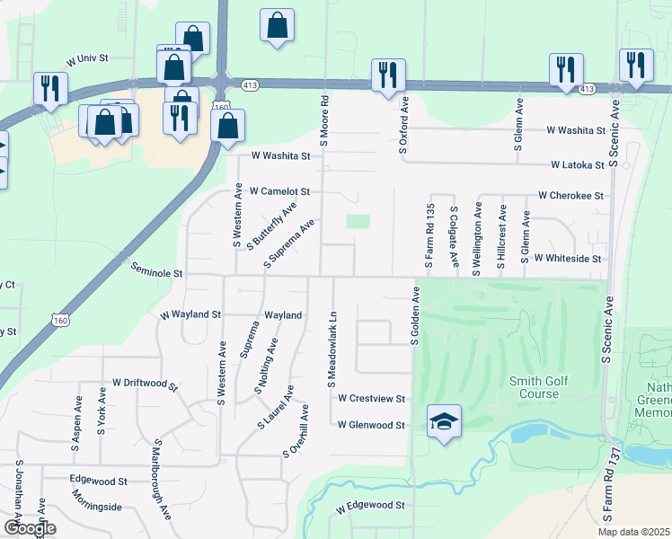 map of restaurants, bars, coffee shops, grocery stores, and more near 3223 West Seminole Street in Springfield