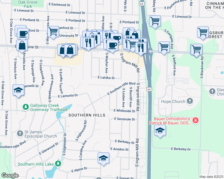 map of restaurants, bars, coffee shops, grocery stores, and more near 3225 East Southern Hills Boulevard in Springfield