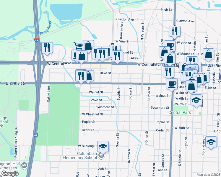 map of restaurants, bars, coffee shops, grocery stores, and more near 415 South Francis Street in Carthage