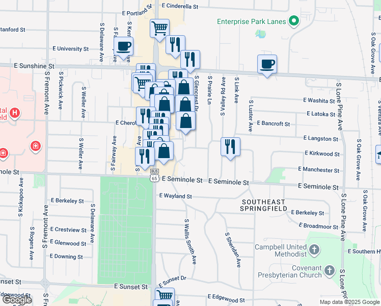map of restaurants, bars, coffee shops, grocery stores, and more near 1914 East Kirkwood Street in Springfield