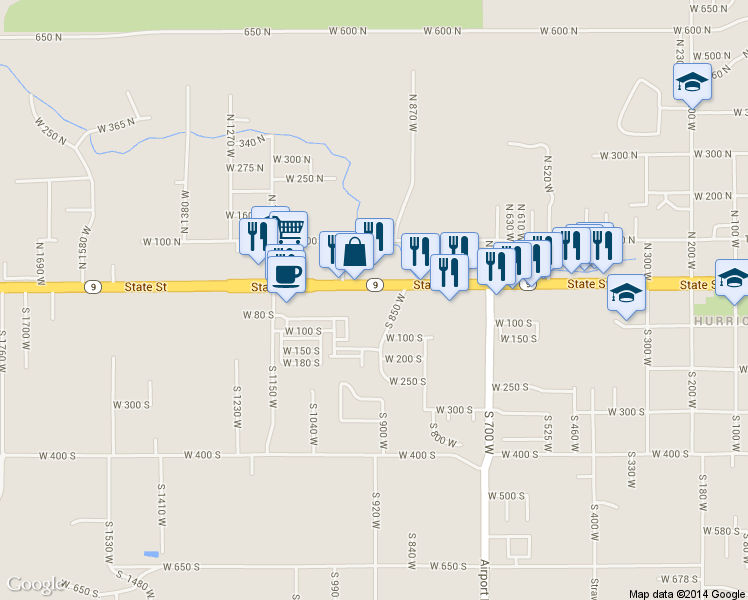 map of restaurants, bars, coffee shops, grocery stores, and more near 979 W State St in Hurricane