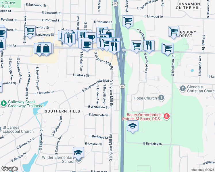 map of restaurants, bars, coffee shops, grocery stores, and more near 2026 South Barcliff Avenue in Springfield