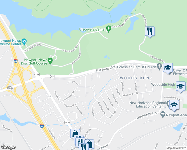 map of restaurants, bars, coffee shops, grocery stores, and more near 702 Parkside Drive in Newport News