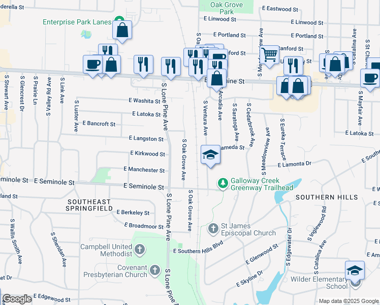 map of restaurants, bars, coffee shops, grocery stores, and more near 2028 South Oak Grove Avenue in Springfield