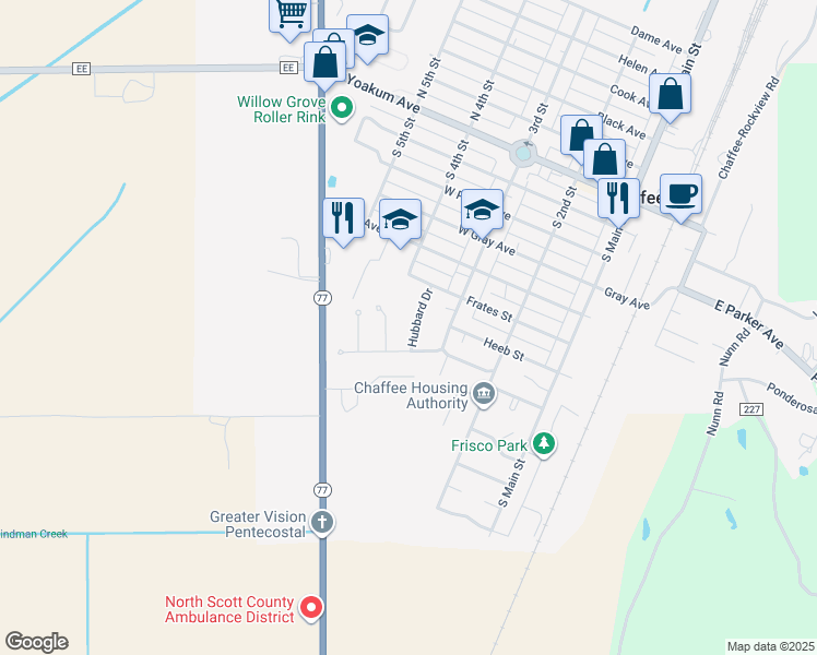 map of restaurants, bars, coffee shops, grocery stores, and more near 613 Hubbard Drive in Chaffee