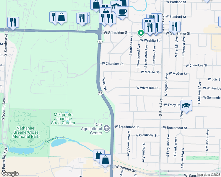 map of restaurants, bars, coffee shops, grocery stores, and more near 1739 West Whiteside Street in Springfield