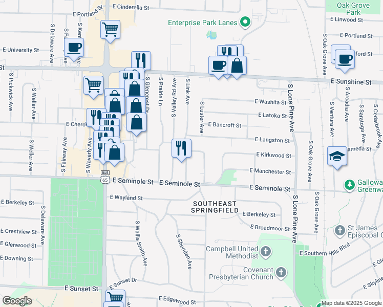 map of restaurants, bars, coffee shops, grocery stores, and more near 2100-2198 E Kirkwood St in Springfield