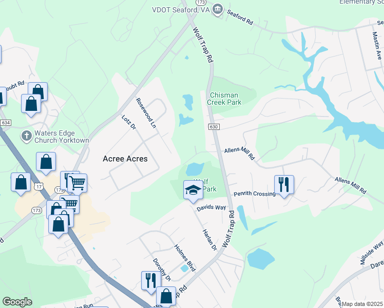 map of restaurants, bars, coffee shops, grocery stores, and more near 206 Jefferson Lane in Yorktown