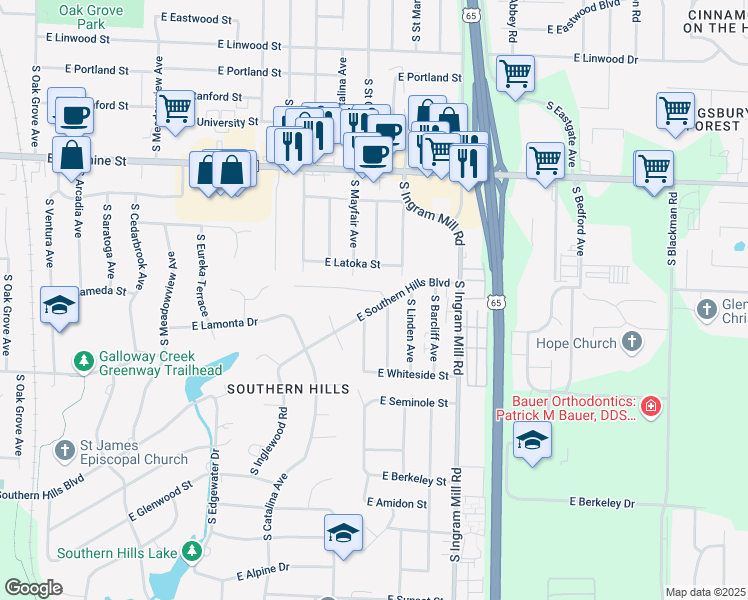 map of restaurants, bars, coffee shops, grocery stores, and more near 3225 East Southern Hills Boulevard in Springfield