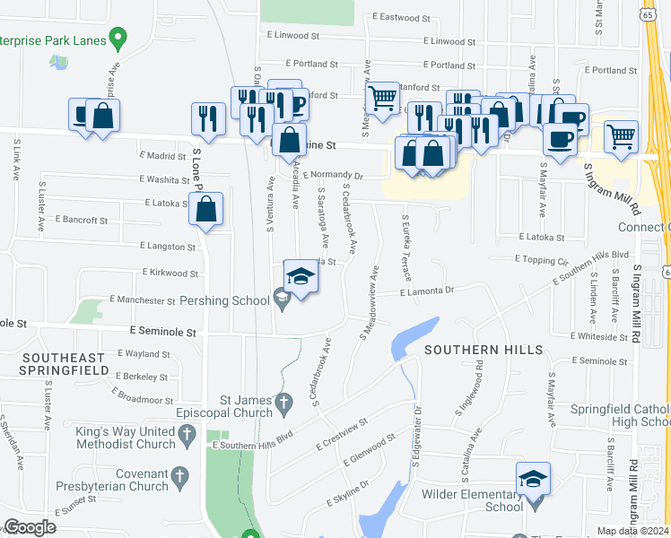 map of restaurants, bars, coffee shops, grocery stores, and more near 2041 South Cedarbrook Avenue in Springfield