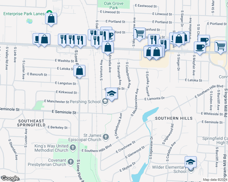 map of restaurants, bars, coffee shops, grocery stores, and more near 2712 East Alameda Street in Springfield