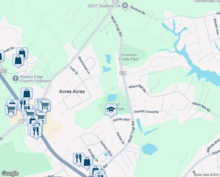map of restaurants, bars, coffee shops, grocery stores, and more near 206 Jefferson Lane in Yorktown