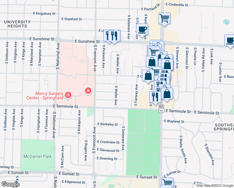 map of restaurants, bars, coffee shops, grocery stores, and more near 1500 East Lindberg Street in Springfield