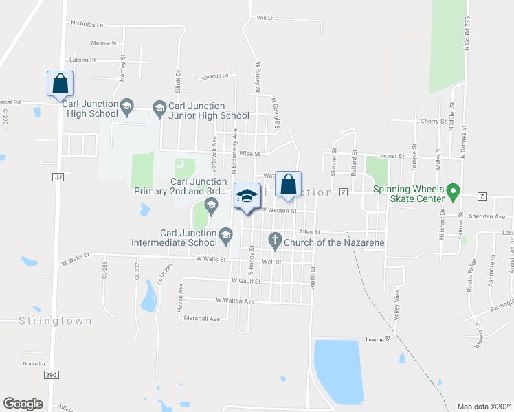 map of restaurants, bars, coffee shops, grocery stores, and more near 111 South Roney Street in Carl Junction