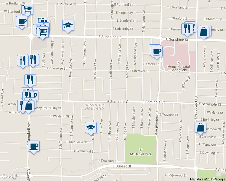 map of restaurants, bars, coffee shops, grocery stores, and more near 2102 S Dollison Ave in Springfield