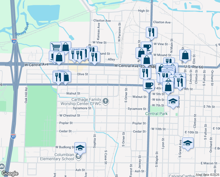 map of restaurants, bars, coffee shops, grocery stores, and more near 410 South Case Street in Carthage