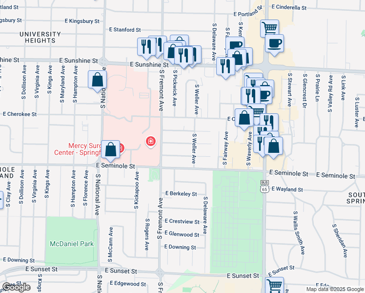 map of restaurants, bars, coffee shops, grocery stores, and more near 1452 East Lindberg Street in Springfield