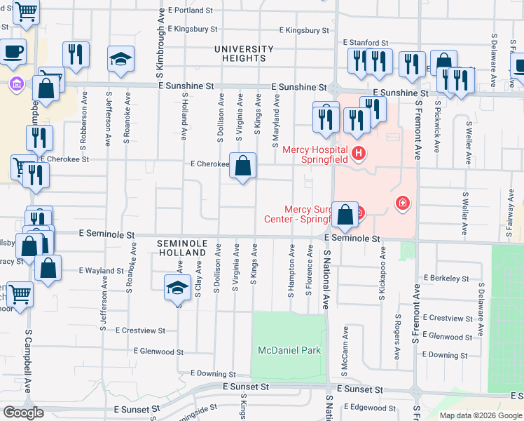 map of restaurants, bars, coffee shops, grocery stores, and more near 2102 South Kings Avenue in Springfield