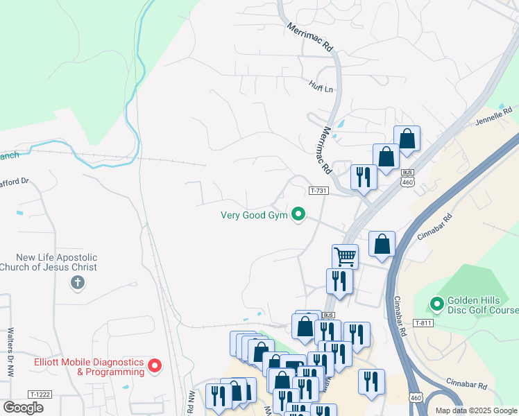 map of restaurants, bars, coffee shops, grocery stores, and more near 269 Virginian Drive in Christiansburg