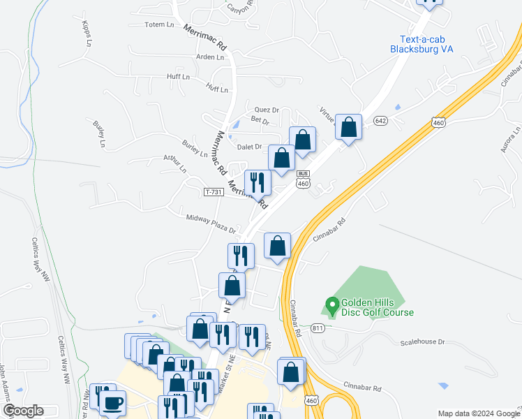map of restaurants, bars, coffee shops, grocery stores, and more near 3360 North Franklin Street in Christiansburg