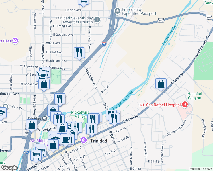 map of restaurants, bars, coffee shops, grocery stores, and more near 1010 Rico Street in Trinidad