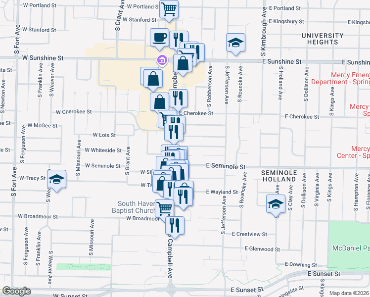 map of restaurants, bars, coffee shops, grocery stores, and more near 230 West Whiteside Street in Springfield