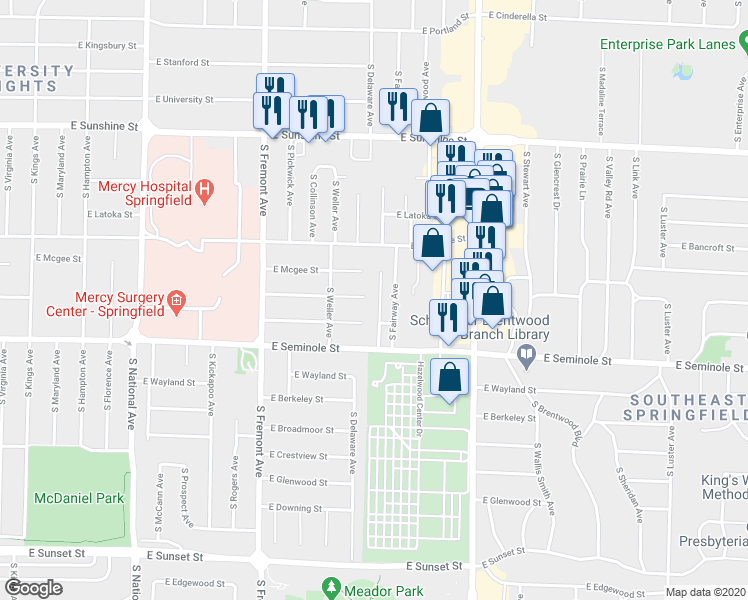 map of restaurants, bars, coffee shops, grocery stores, and more near 2101 South Delaware Avenue in Springfield