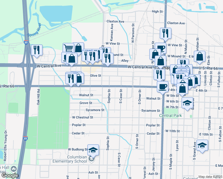 map of restaurants, bars, coffee shops, grocery stores, and more near 830 Oak Street in Carthage