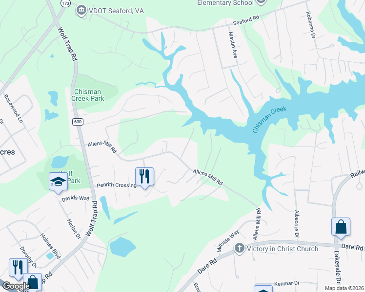 map of restaurants, bars, coffee shops, grocery stores, and more near 103 Winfree Lane in Yorktown