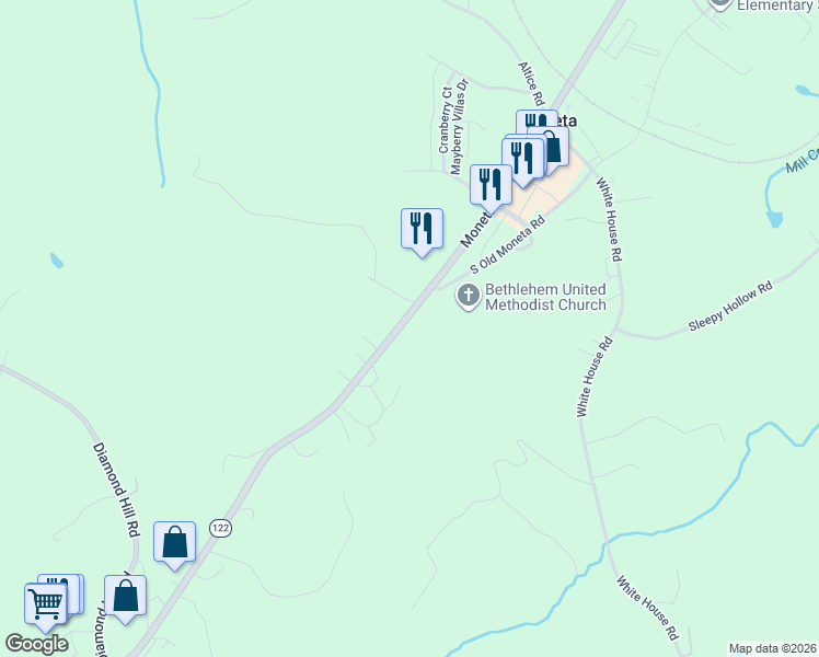 map of restaurants, bars, coffee shops, grocery stores, and more near 13806 Moneta Road in Moneta