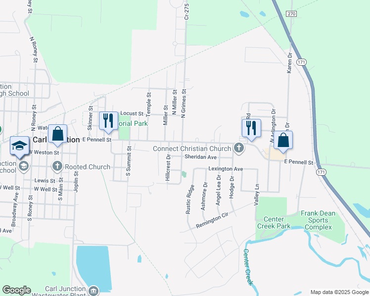 map of restaurants, bars, coffee shops, grocery stores, and more near 800 East Pennell Street in Carl Junction