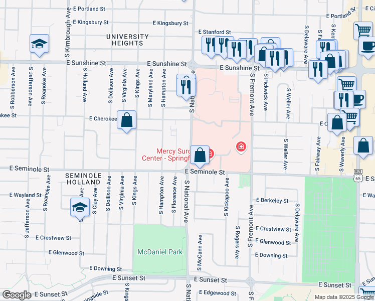 map of restaurants, bars, coffee shops, grocery stores, and more near 2109 South National Avenue in Springfield