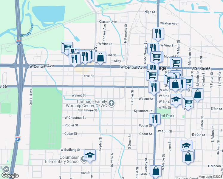 map of restaurants, bars, coffee shops, grocery stores, and more near 410 S Case St in Carthage