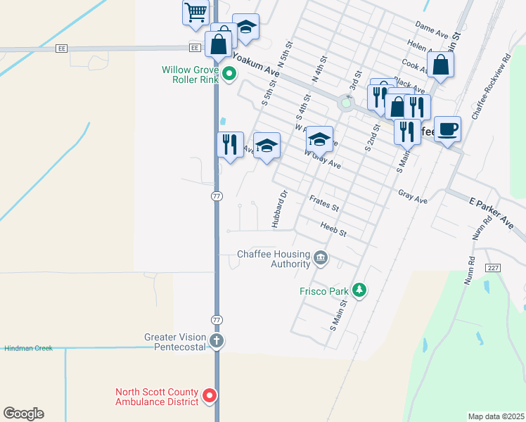 map of restaurants, bars, coffee shops, grocery stores, and more near 613 Hubbard Drive in Chaffee