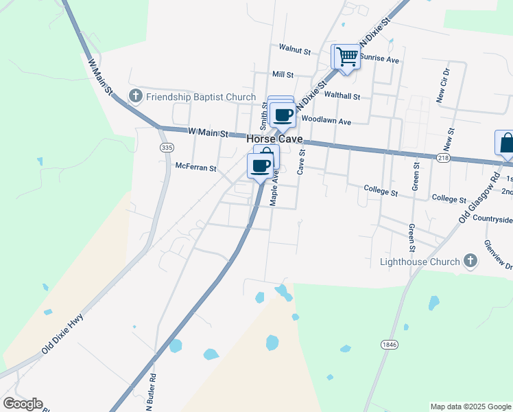 map of restaurants, bars, coffee shops, grocery stores, and more near East Kathleen Avenue in Horse Cave