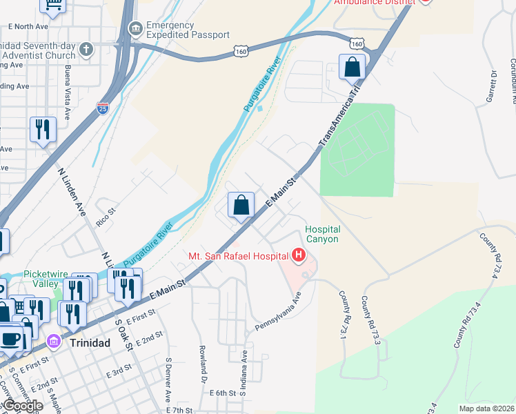 map of restaurants, bars, coffee shops, grocery stores, and more near 1622 East Main Street in Trinidad