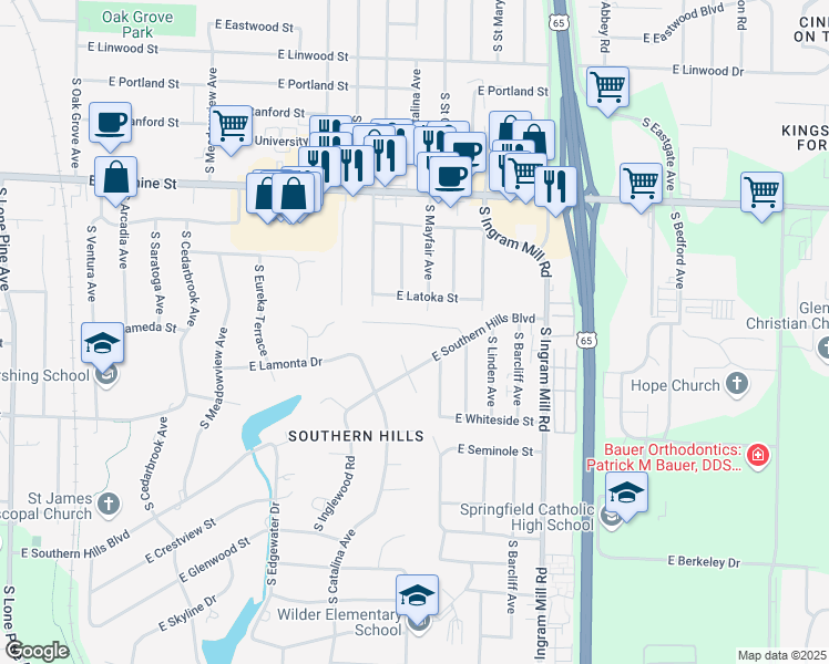 map of restaurants, bars, coffee shops, grocery stores, and more near 3174 East Topping Circle in Springfield