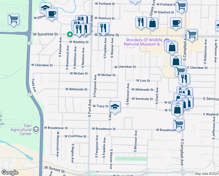 map of restaurants, bars, coffee shops, grocery stores, and more near 1105 West Whiteside Street in Springfield