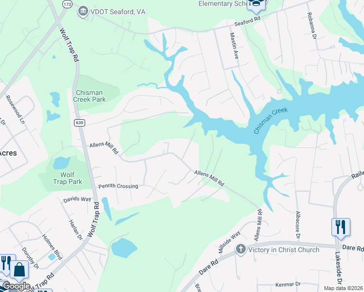map of restaurants, bars, coffee shops, grocery stores, and more near 103 Winfree Lane in Yorktown