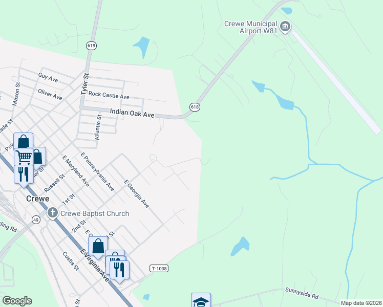 map of restaurants, bars, coffee shops, grocery stores, and more near 907 2nd Street in Crewe