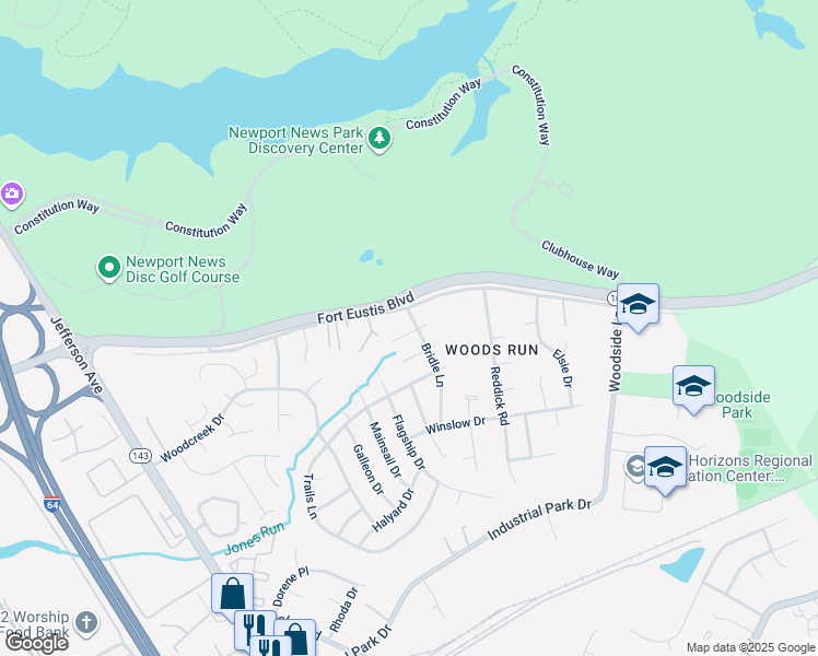 map of restaurants, bars, coffee shops, grocery stores, and more near 141 Bridle Lane in Newport News