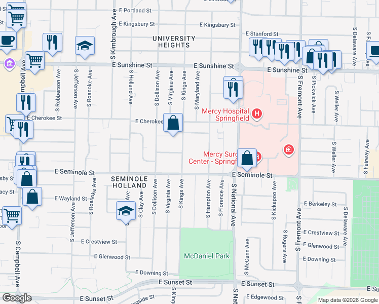 map of restaurants, bars, coffee shops, grocery stores, and more near 2102 South Kings Avenue in Springfield