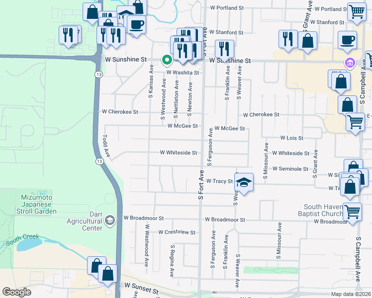 map of restaurants, bars, coffee shops, grocery stores, and more near 1410-1420 West Whiteside Street in Springfield