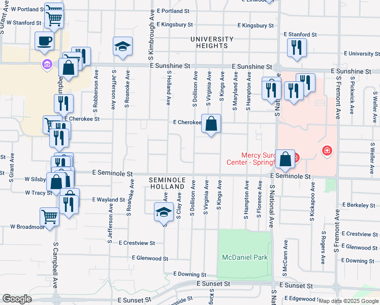 map of restaurants, bars, coffee shops, grocery stores, and more near 2102 South Dollison Avenue in Springfield