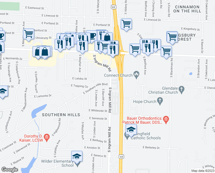 map of restaurants, bars, coffee shops, grocery stores, and more near 3360 East Southern Hills Boulevard in Springfield