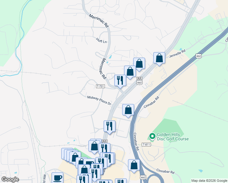 map of restaurants, bars, coffee shops, grocery stores, and more near 70 Virginian Drive in Christiansburg